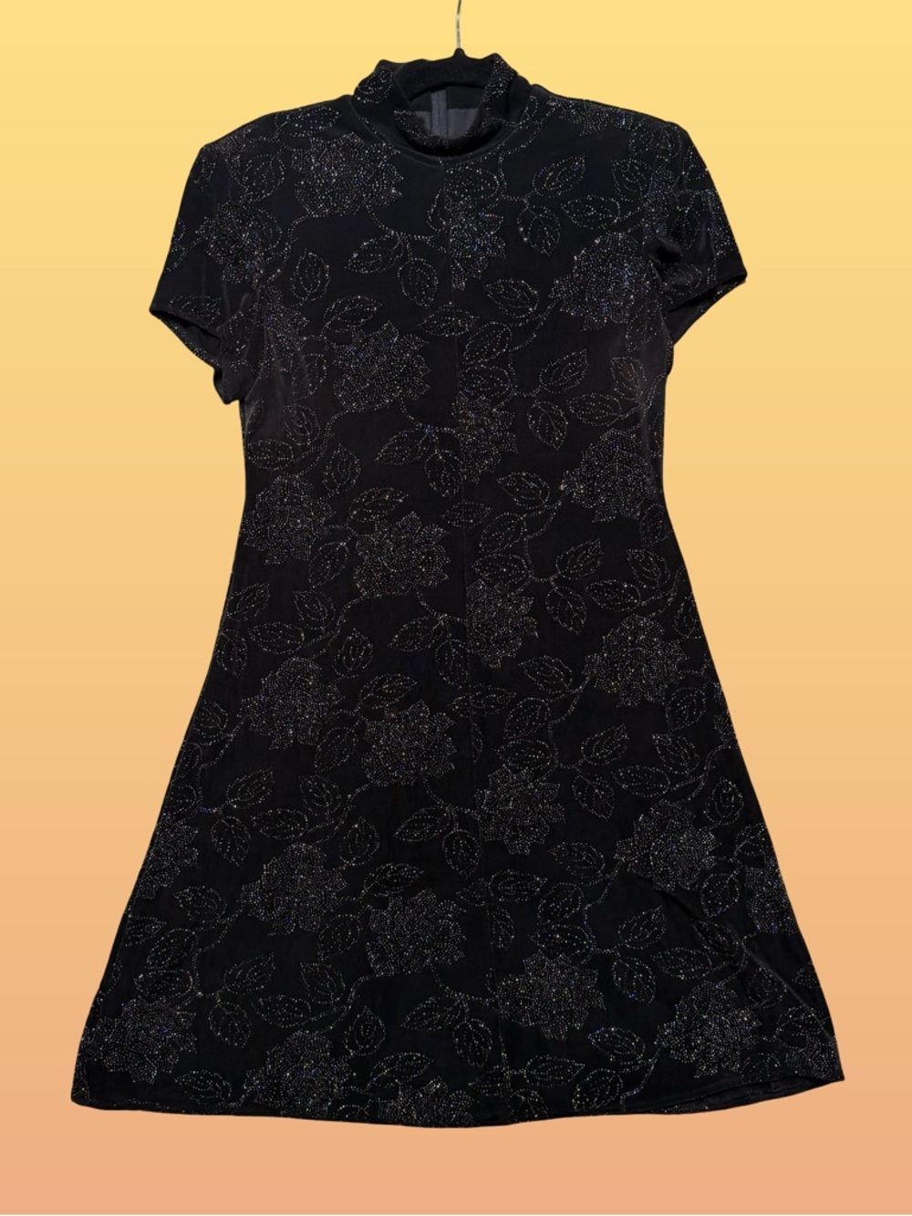 Vintage Jessica Howard Black Rhinestone Floral Stretch Dress LBD Mock Neck 12